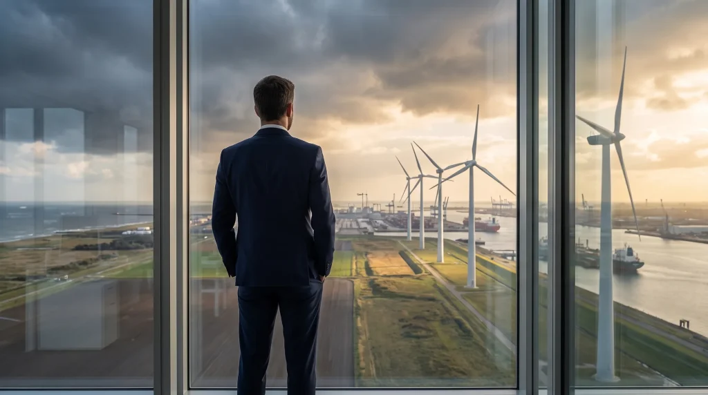 Zakenman kijkt vanuit een kantoor uit over windturbines onder een lucht die half bewolkt en half zonnig is