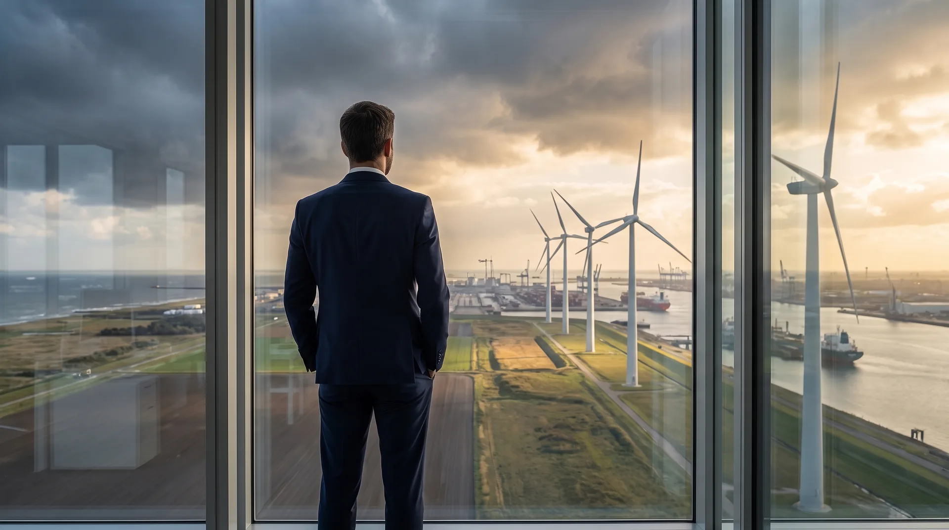 Zakenman kijkt vanuit een kantoor uit over windturbines onder een lucht die half bewolkt en half zonnig is