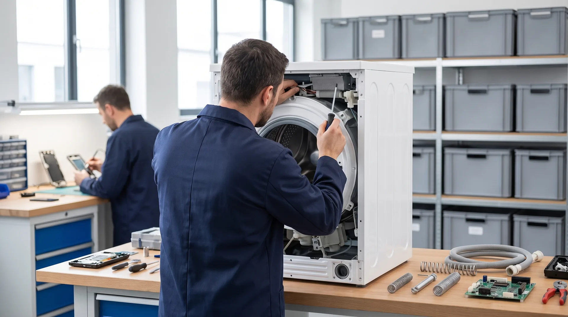 Monteur repareert een geopende wasmachine in een moderne reparatiewerkplaats