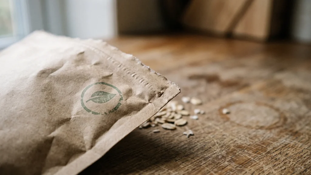 Papieren verpakking met een zelfbedacht stempel van een groen blaadje, havermout ernaast op een houten tafel