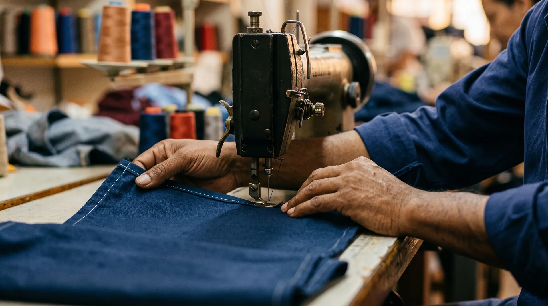 Handen van een kledingmaker geleiden donkerblauwe stof onder de naald van een industriële naaimachine