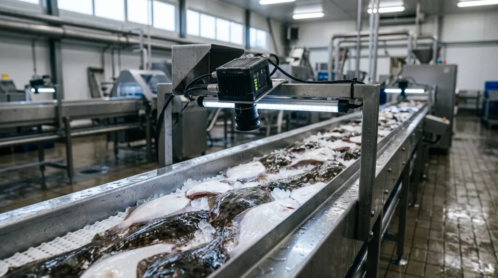 Camera met beeldherkenning boven een lopende band met verse platvis op ijs in een visverwerkingshal