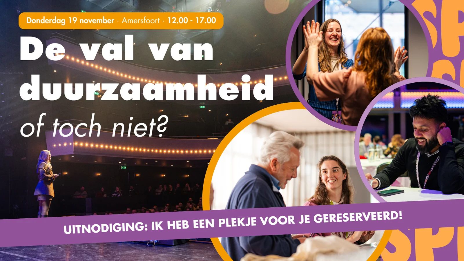 Theaterzaal met een spreker op het podium en foto's van bezoekers, met de titel De val van duurzaamheid, of toch niet? en de datum donderdag 19 november, Amersfoort, 12.00 tot 17.00 uur