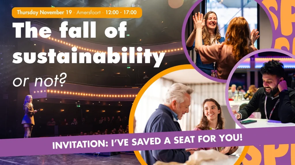 Theater hall with a speaker on stage and photos of attendees, with the event title The fall of sustainability, or not? and the date Thursday, November 19, Amersfoort, 12:00 to 5:00 p.m.
